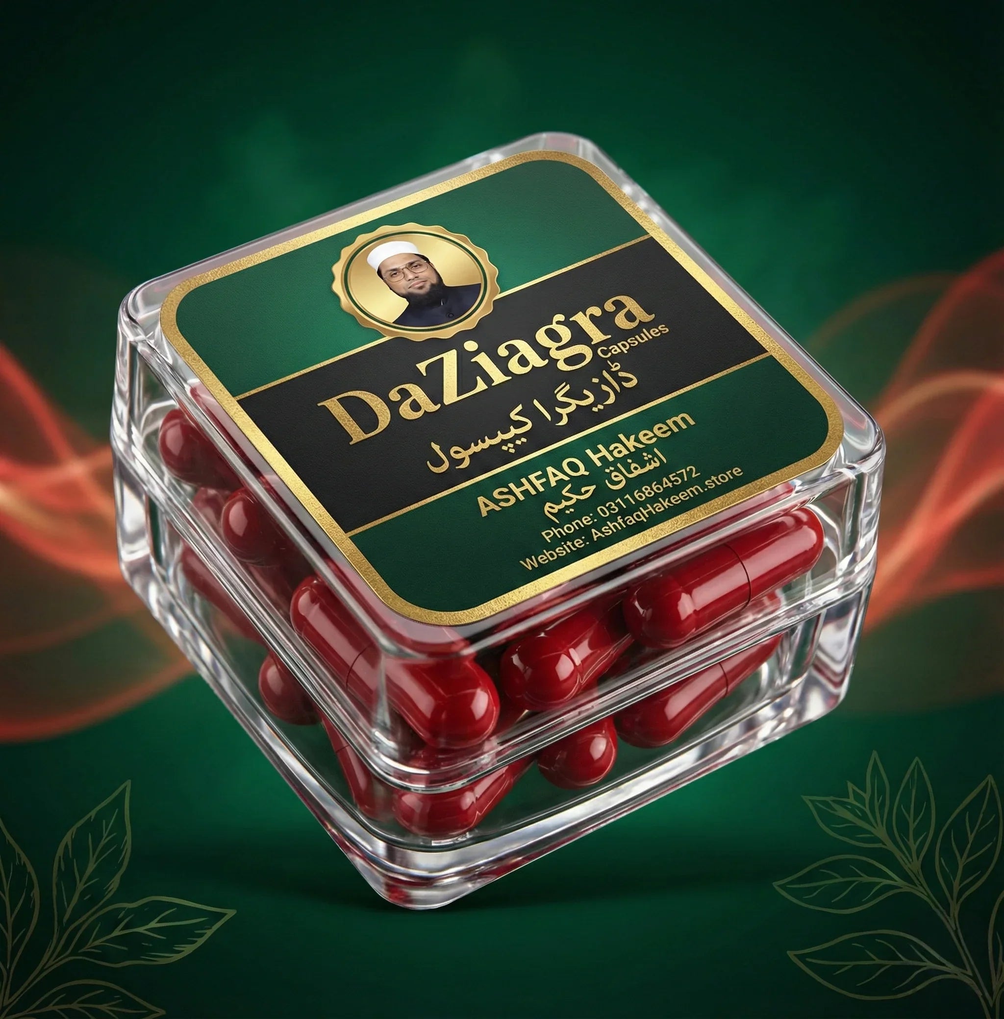 DaZiagra Capsules clear container with red capsules, green gold label, ASHFAQ Hakeem branding