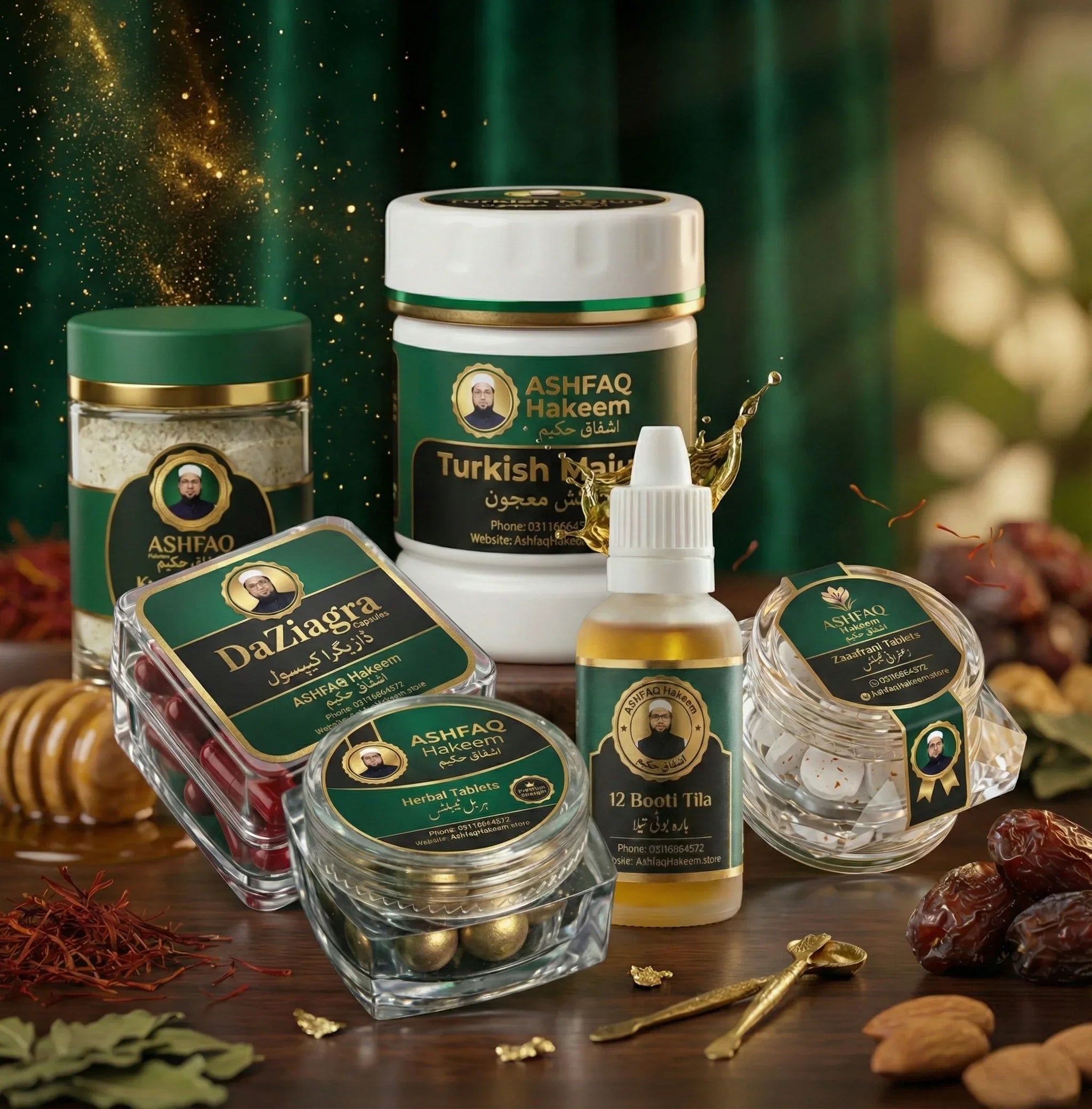 ASHFAQ Hakeem herbal wellness products including Turkish Majun, DaZiagra, herbal tablets, 12 Booti Tila, and natural ingredients on a wooden table.