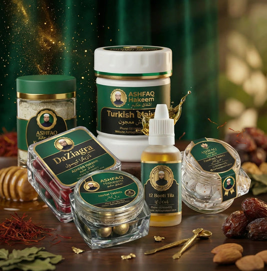 ASHFAQ Hakeem herbal wellness products including Turkish Majun, DaZiagra, herbal tablets, 12 Booti Tila, and natural ingredients on a wooden table.