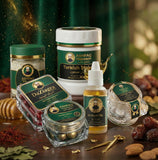 ASHFAQ Hakeem herbal wellness products including Turkish Majun, DaZiagra, herbal tablets, 12 Booti Tila, and natural ingredients on a wooden table.