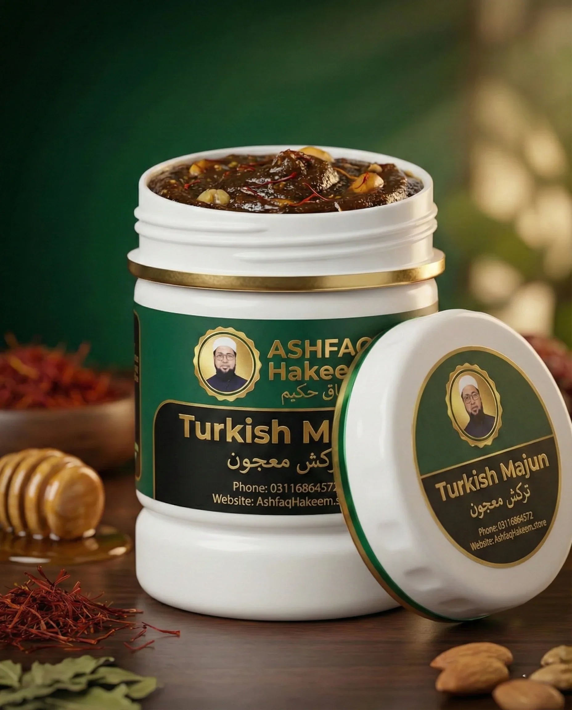 ASHFAQ Hakeem Turkish Majun herbal supplement jar with visible nuts and honey on a wooden table.