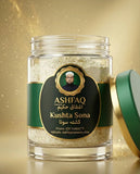 ASHFAQ Kushta Sona herbal powder jar with green and gold label, open lid, golden background