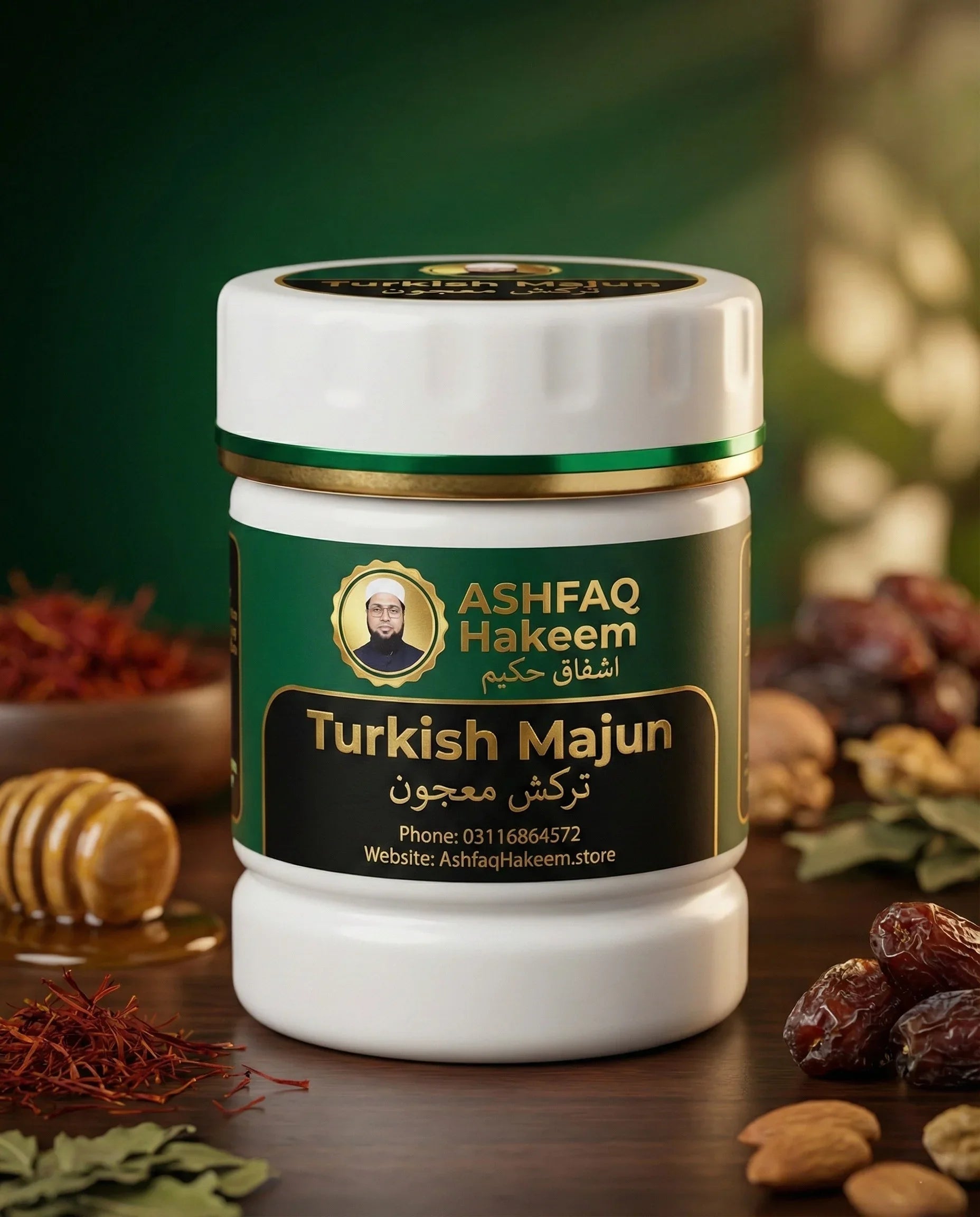 ASHFAQ Hakeem Turkish Majun herbal supplement jar on wooden table with dates and nuts