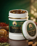 ASHFAQ Hakeem Turkish Majun open jar with herbal blend, honey and nuts on wooden table