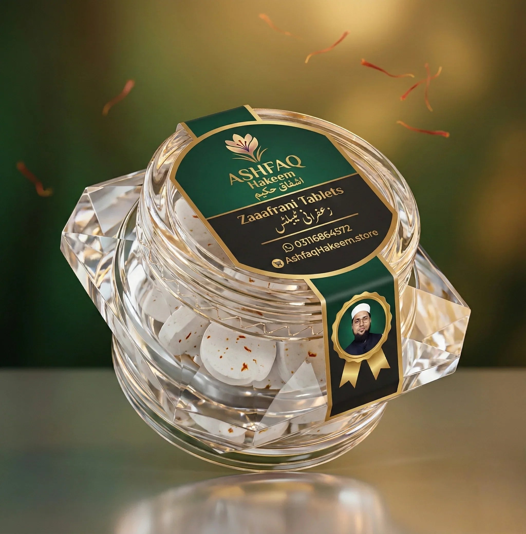 ASHFAQ Hakeem Zaafrani Tablets in clear jar with green label and saffron strands, herbal product